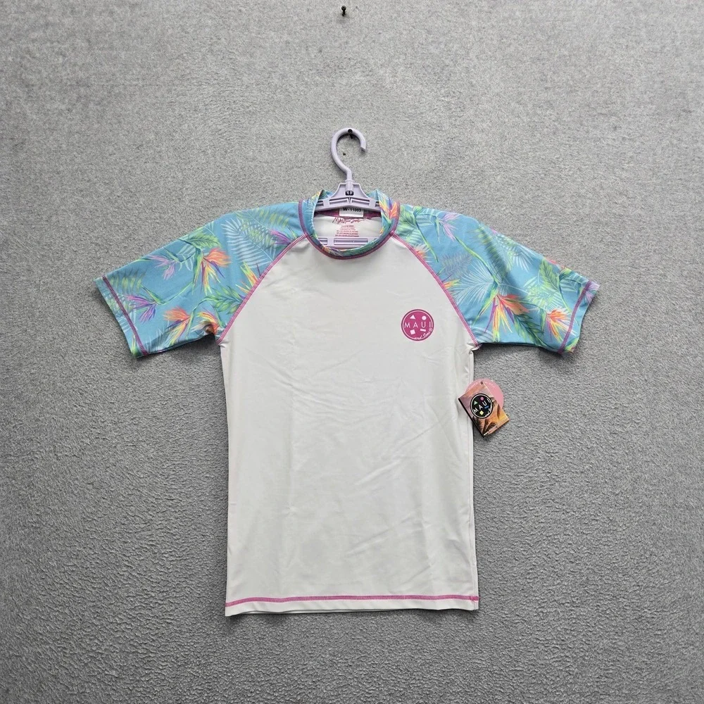 MAUI And Sons Girls Swimwear M (7-9) White Nylon Polyester Rashguard Floral NWT